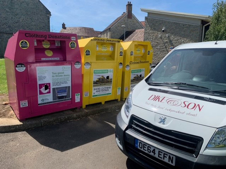 Making a Difference Locally launches charity clothing banks MADL pink and yellow banks with van